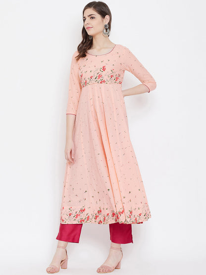 Women's Anarkali Golden Print 3/4th Sleeve Peach Kurta