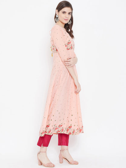 Women's Anarkali Golden Print 3/4th Sleeve Peach Kurta