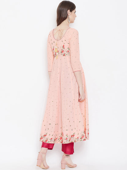 Women's Anarkali Golden Print 3/4th Sleeve Peach Kurta