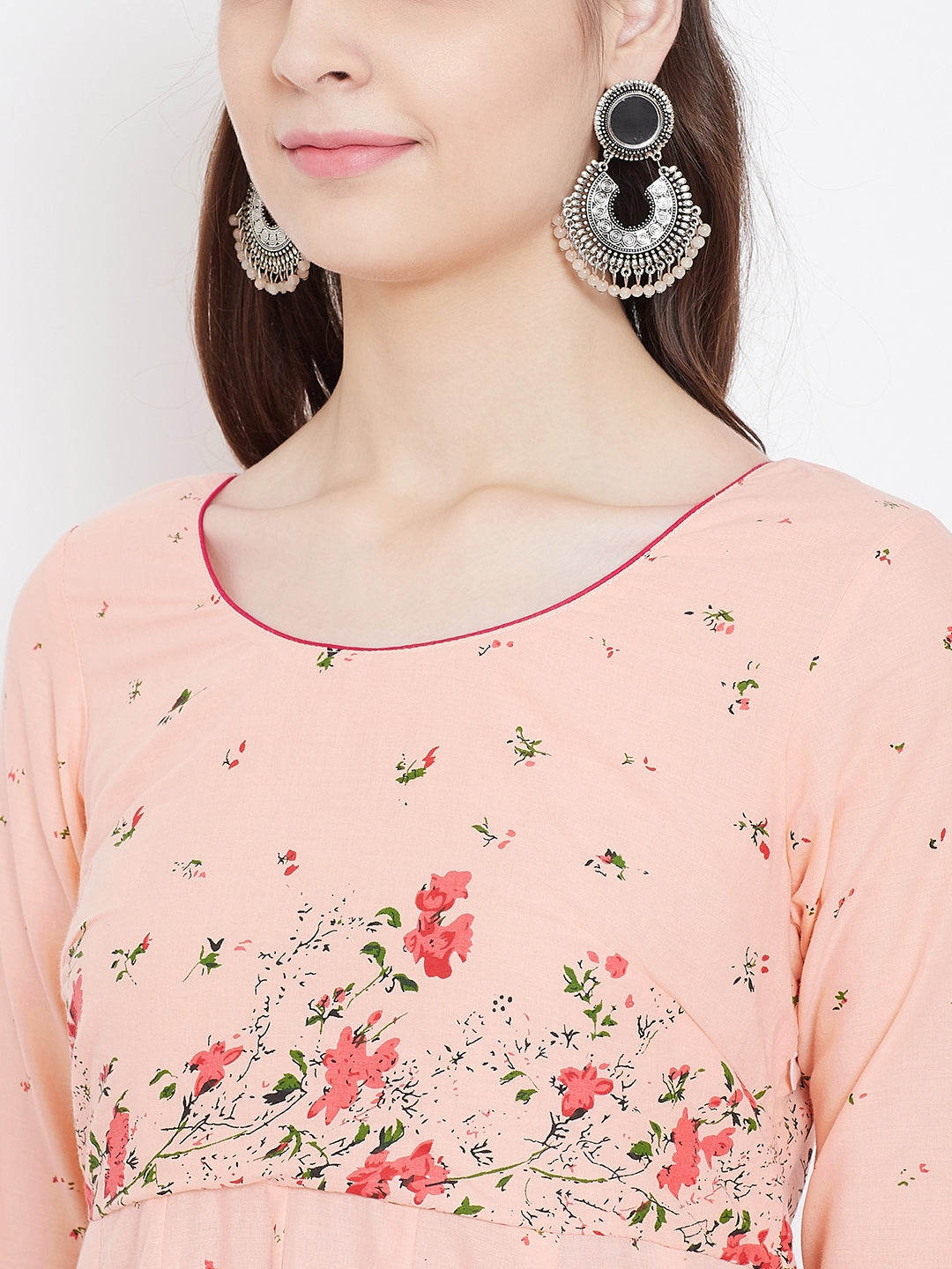 Women's Anarkali Golden Print 3/4th Sleeve Peach Kurta