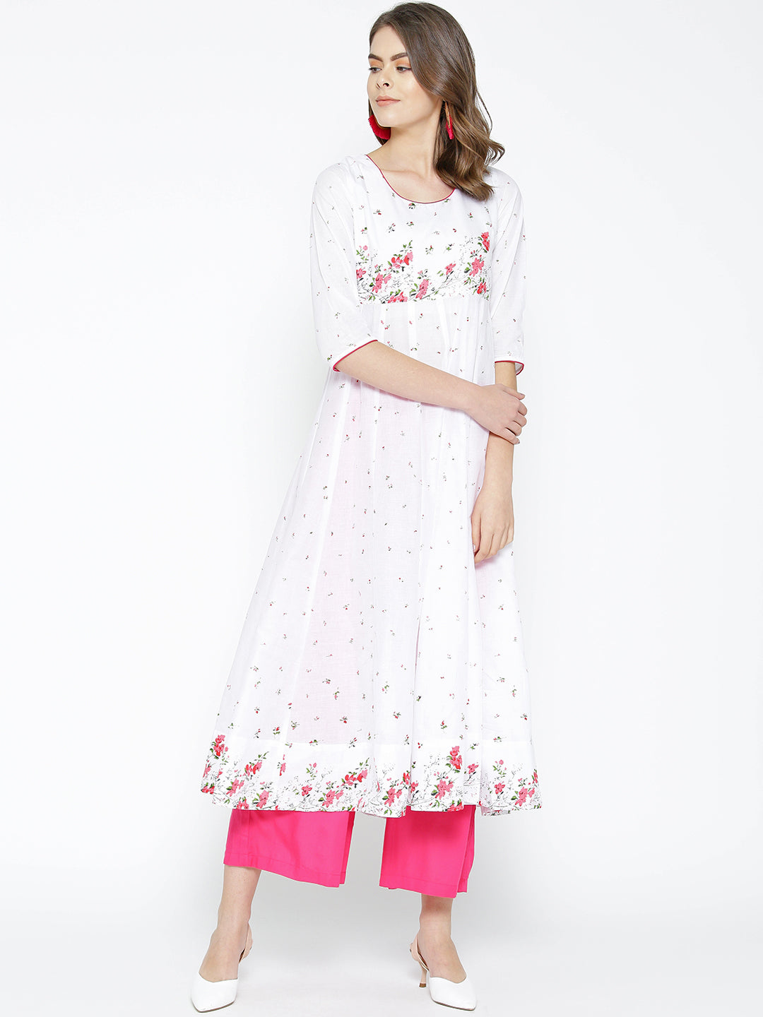 Women's 3/4th Sleeve Anarkali Golden Print  Round Neck White Kurta