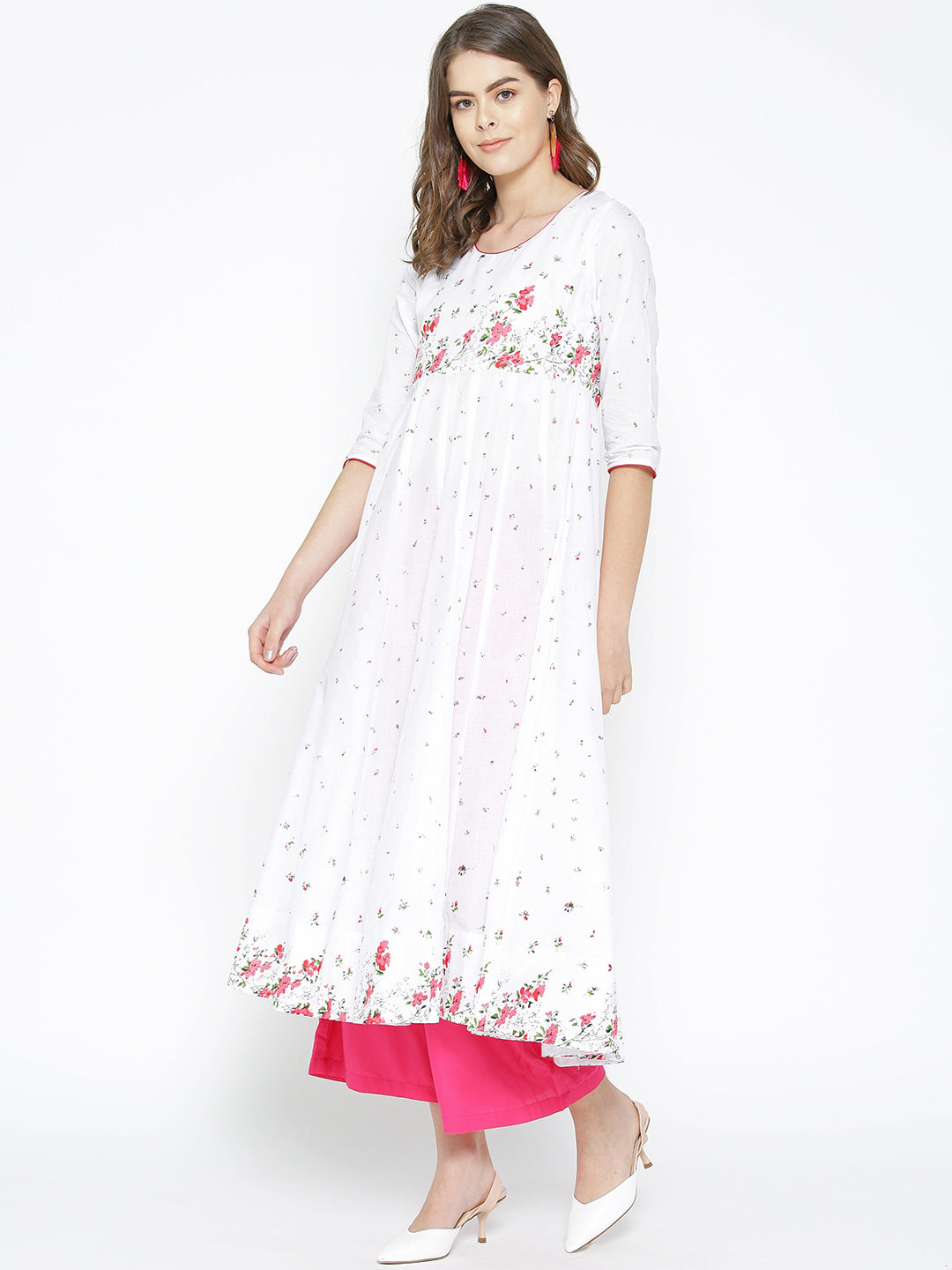 Women's 3/4th Sleeve Anarkali Golden Print  Round Neck White Kurta