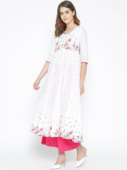 Women's 3/4th Sleeve Anarkali Golden Print  Round Neck White Kurta