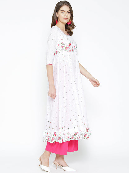 Women's 3/4th Sleeve Anarkali Golden Print  Round Neck White Kurta