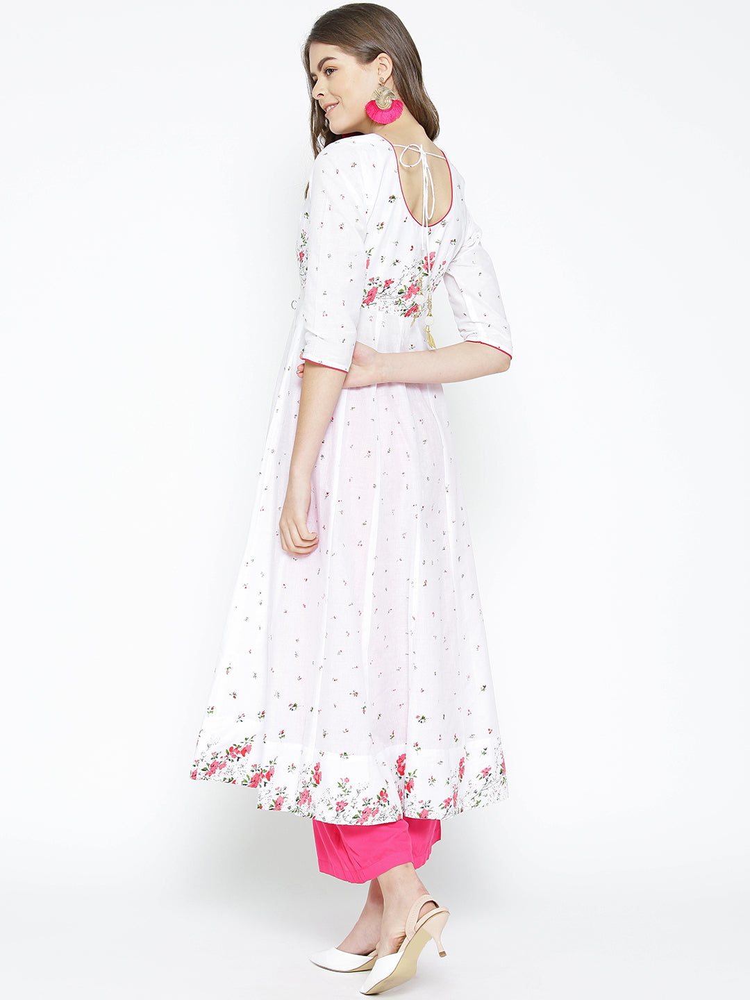 Women's 3/4th Sleeve Anarkali Golden Print  Round Neck White Kurta