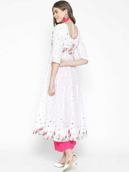 Women's 3/4th Sleeve Anarkali Golden Print  Round Neck White Kurta