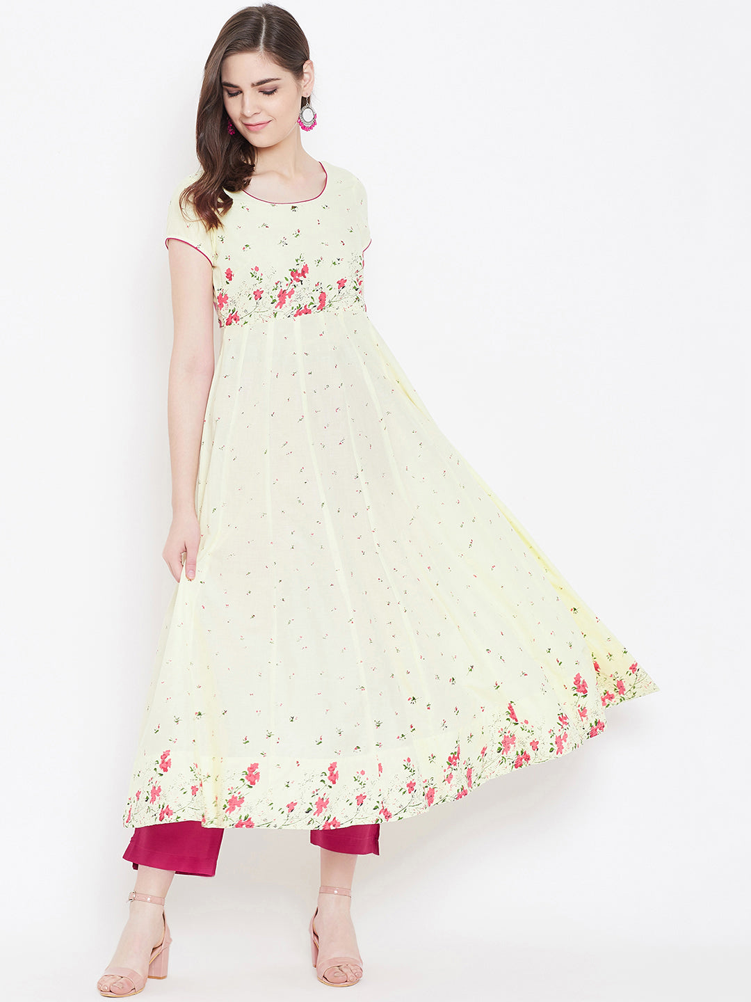 Women's Cotton Anarkali Golden Print Yellow Kurta