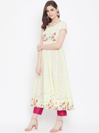 Women's Cotton Anarkali Golden Print Yellow Kurta