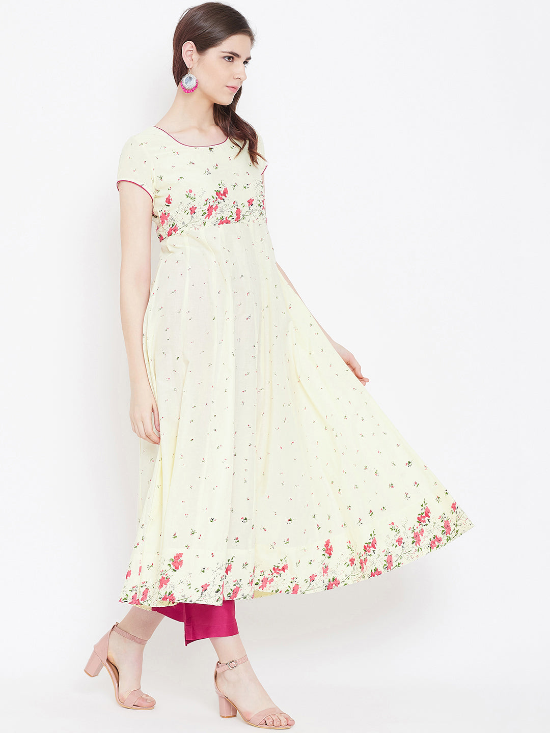 Women's Cotton Anarkali Golden Print Yellow Kurta