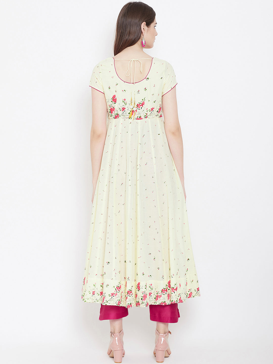 Women's Cotton Anarkali Golden Print Yellow Kurta