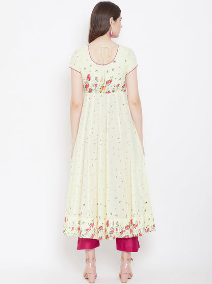 Women's Cotton Anarkali Golden Print Yellow Kurta