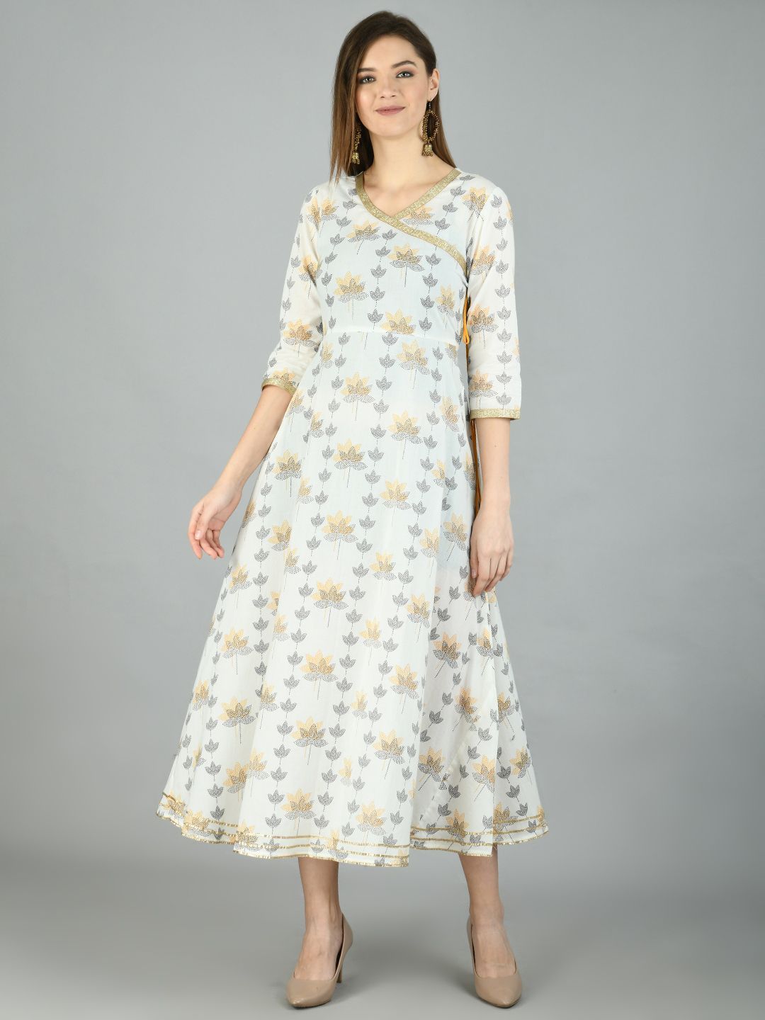 Women's Off White Cotton Printed 3/4 Sleeve V Neck Casual Dress
