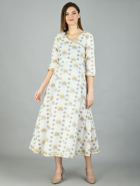 Women's Off White Cotton Printed 3/4 Sleeve V Neck Casual Dress