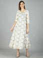 Women's Off White Cotton Printed 3/4 Sleeve V Neck Casual Dress
