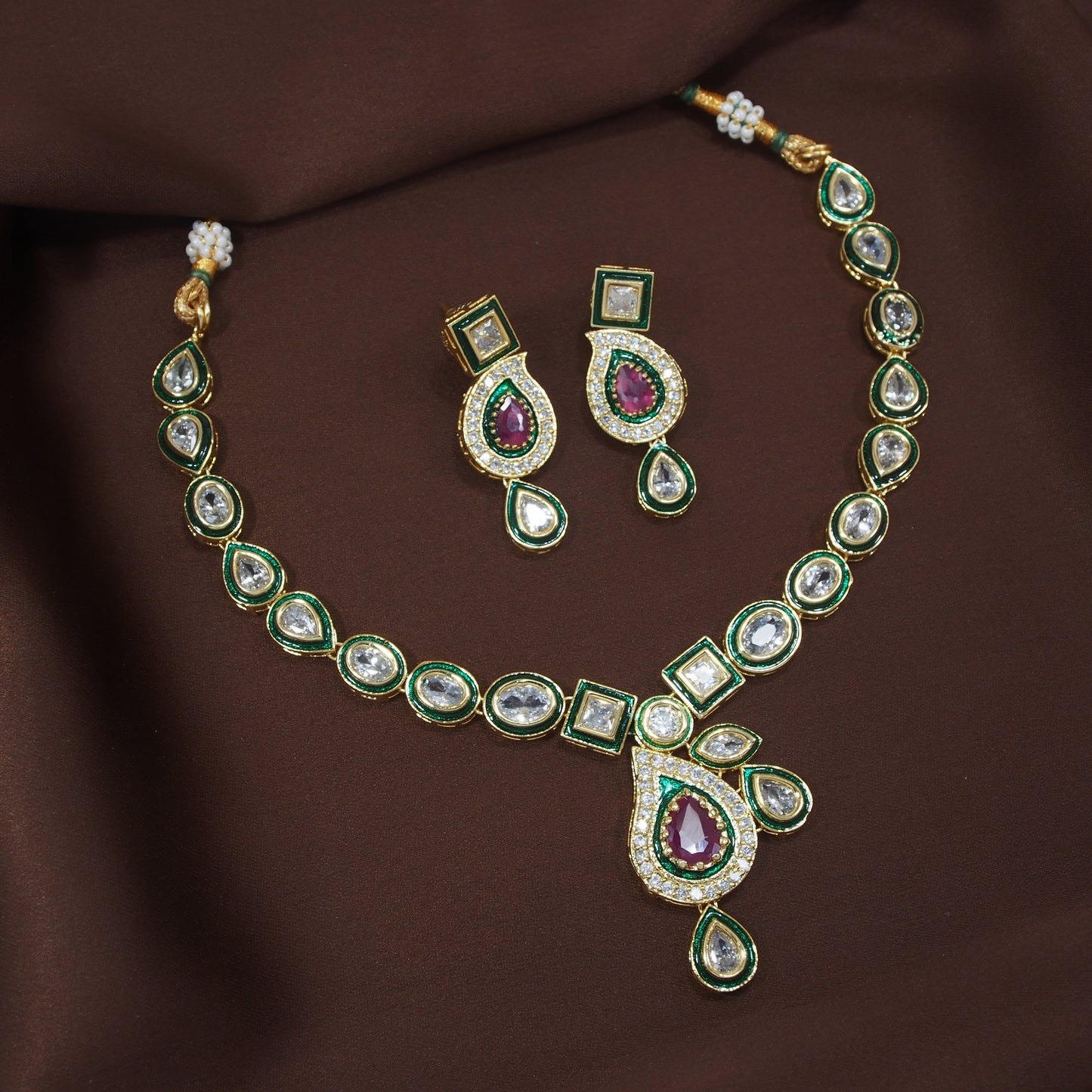 Women's 18k-gold-plated-beaded-ruby-jewellery-set-glided-kundans p0005w-1