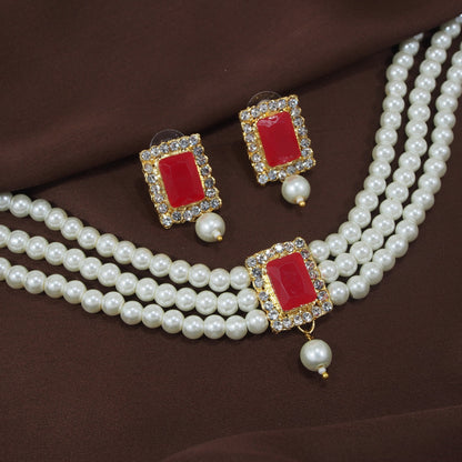 Women's  Gold Plated Traditional Handcrafted Red Stone Studded Pearl Choker Necklace Jewellery Set With Earrings
