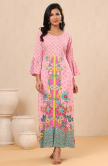 Women's Pink Rayon Printed A-Line Kurta