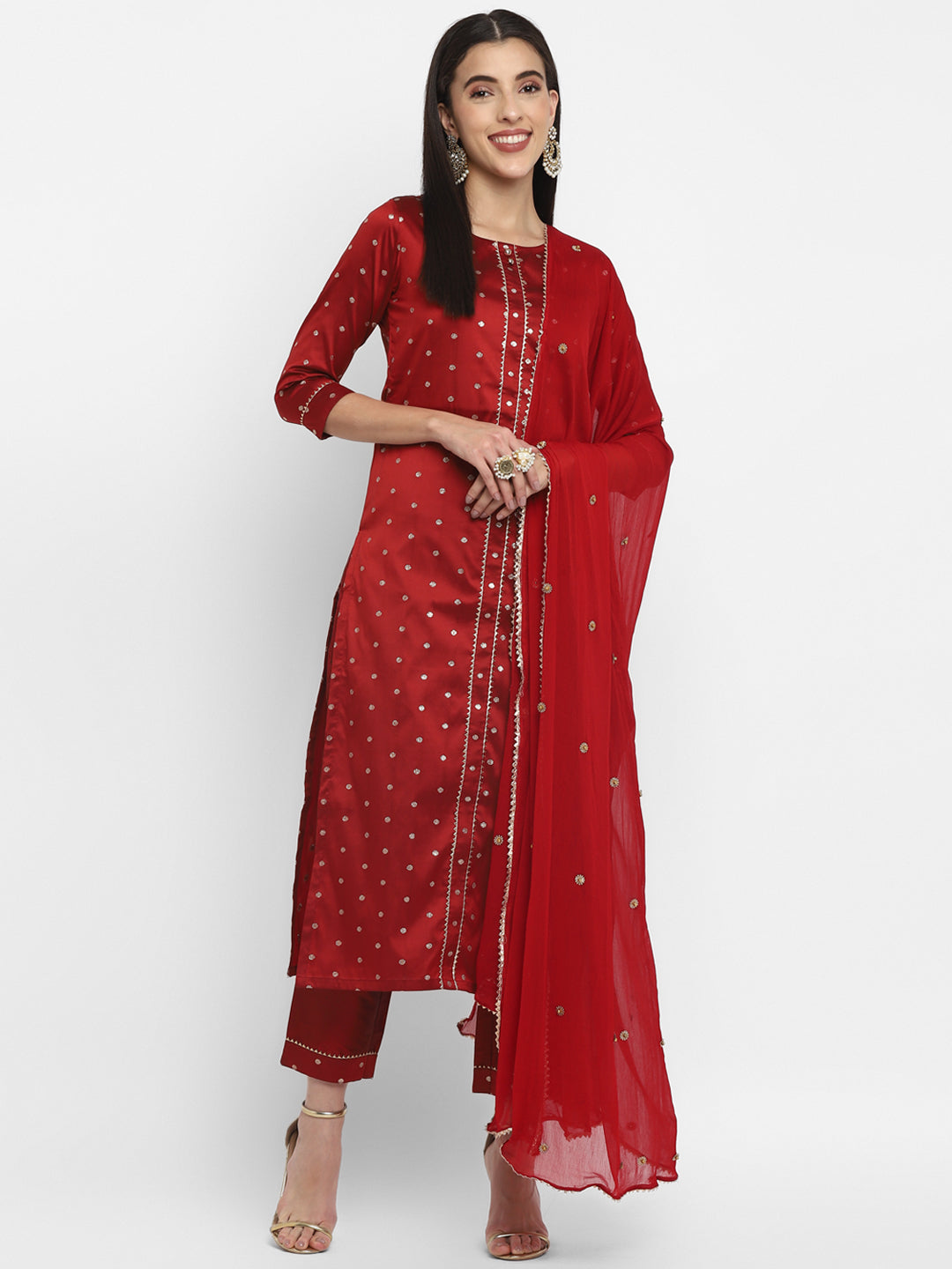 Women's Maroon Color Polyster blend Self Design Kurta Pant With Dupatta
