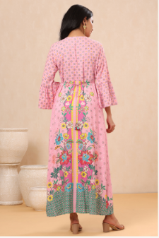 Women's Pink Rayon Printed A-Line Kurta