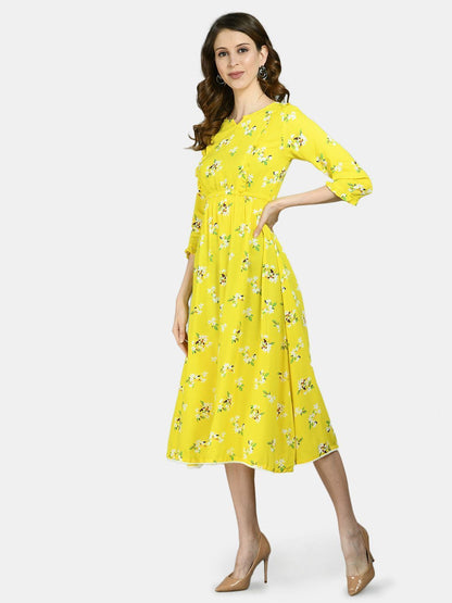 Women Yellow Printed Dress by Myshka (