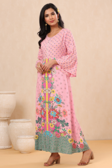 Women's Pink Rayon Printed A-Line Kurta