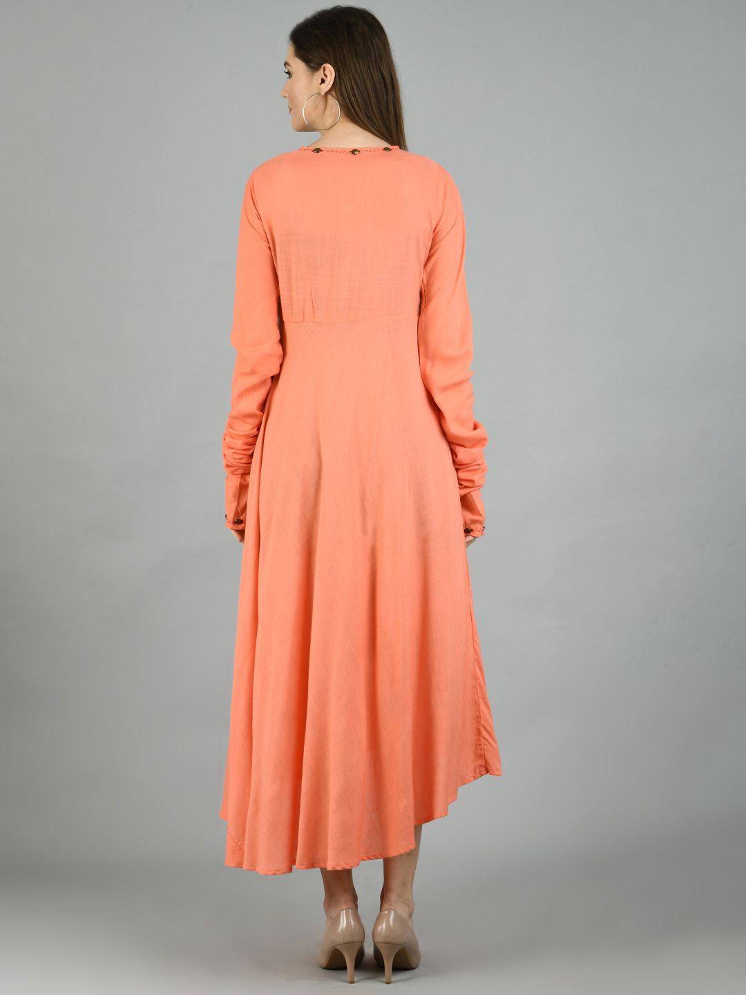 Women's Peach Cotton Solid Full Sleeve Round Neck Casual Dress Dupatta Set