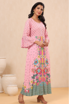 Women's Pink Rayon Printed A-Line Kurta