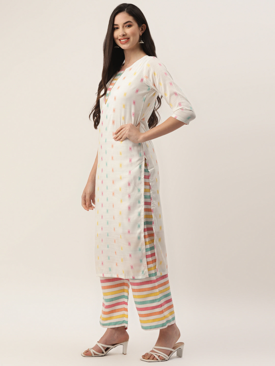 Women's White Cotton Blend Self Design Straight Kurta Trouser Set With Dupatta