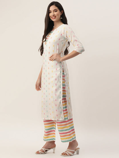 Women's White Cotton Blend Self Design Straight Kurta Trouser Set With Dupatta