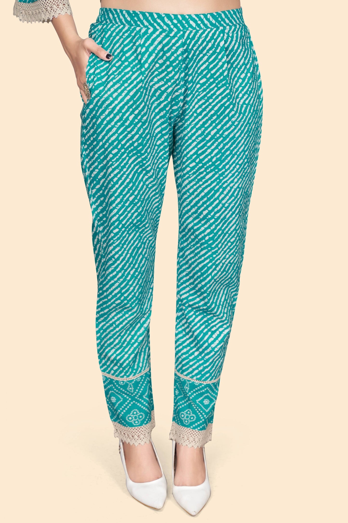 Women's Bandhani Print & Embroidered Flared Cotton Sky Blue Stitched Top With Pant