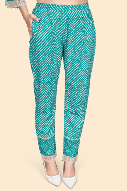 Women's Bandhani Print & Embroidered Flared Cotton Sky Blue Stitched Top With Pant
