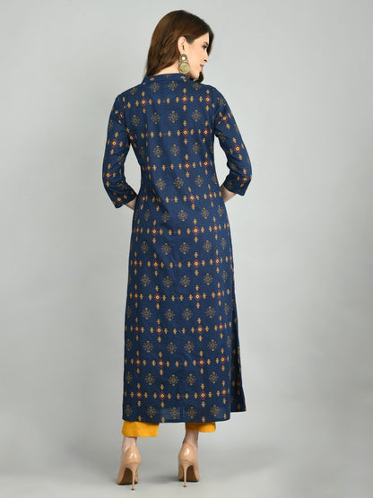 Women Navy Blue Cotton Printed Shrug, Top and Pant Set by Myshka (