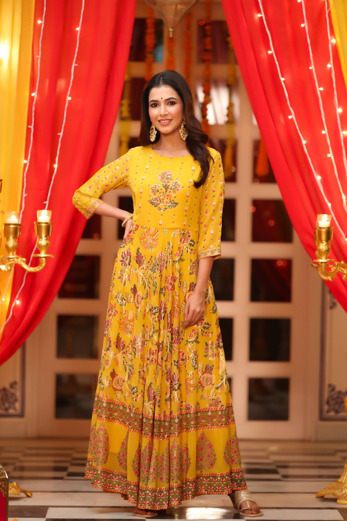 Women's Mustard Georgette Printed Flared Dress With Hair-Band