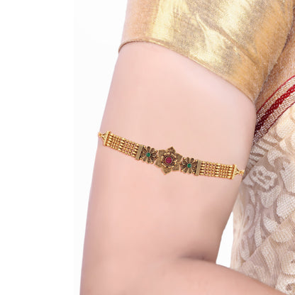 Women's Gold Plated Traditional Brass Ruby Green Stone Bajuband /Vanki/Armlet Rajwadi Jewellery