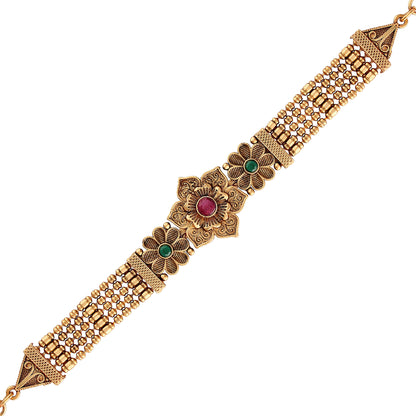 Women's Gold Plated Traditional Brass Ruby Green Stone Bajuband /Vanki/Armlet Rajwadi Jewellery