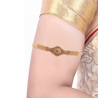 Women's Gold Plated Traditional Brass Ruby Green Stone Bajuband /Vanki/Armlet Rajwadi Jewellery