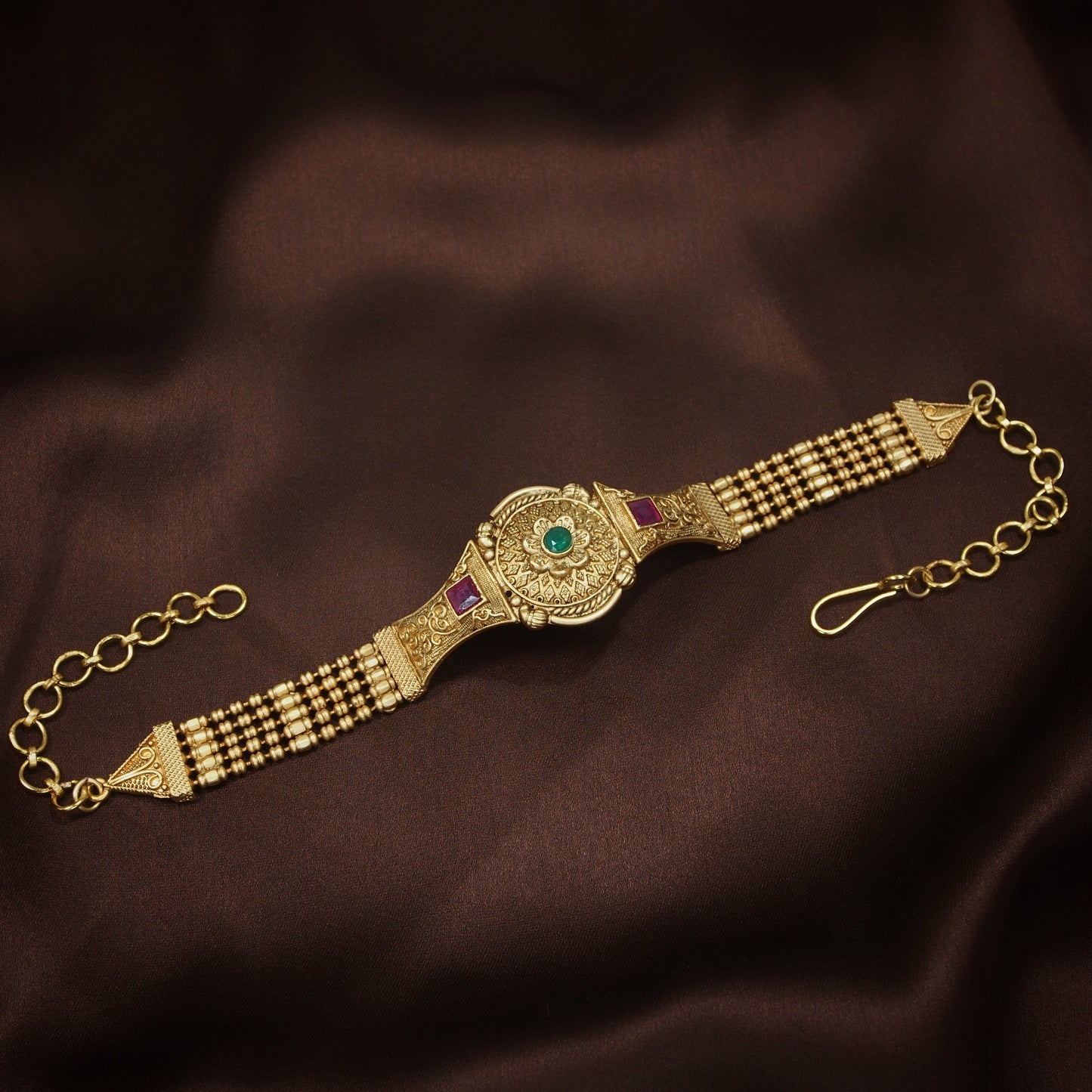 Women's Gold Plated Traditional Brass Ruby Green Stone Bajuband /Vanki/Armlet Rajwadi Jewellery