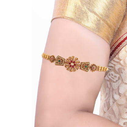 Women's Gold Plated Traditional Brass Ruby Green Stone Bajuband /Vanki/Armlet Rajwadi Jewellery