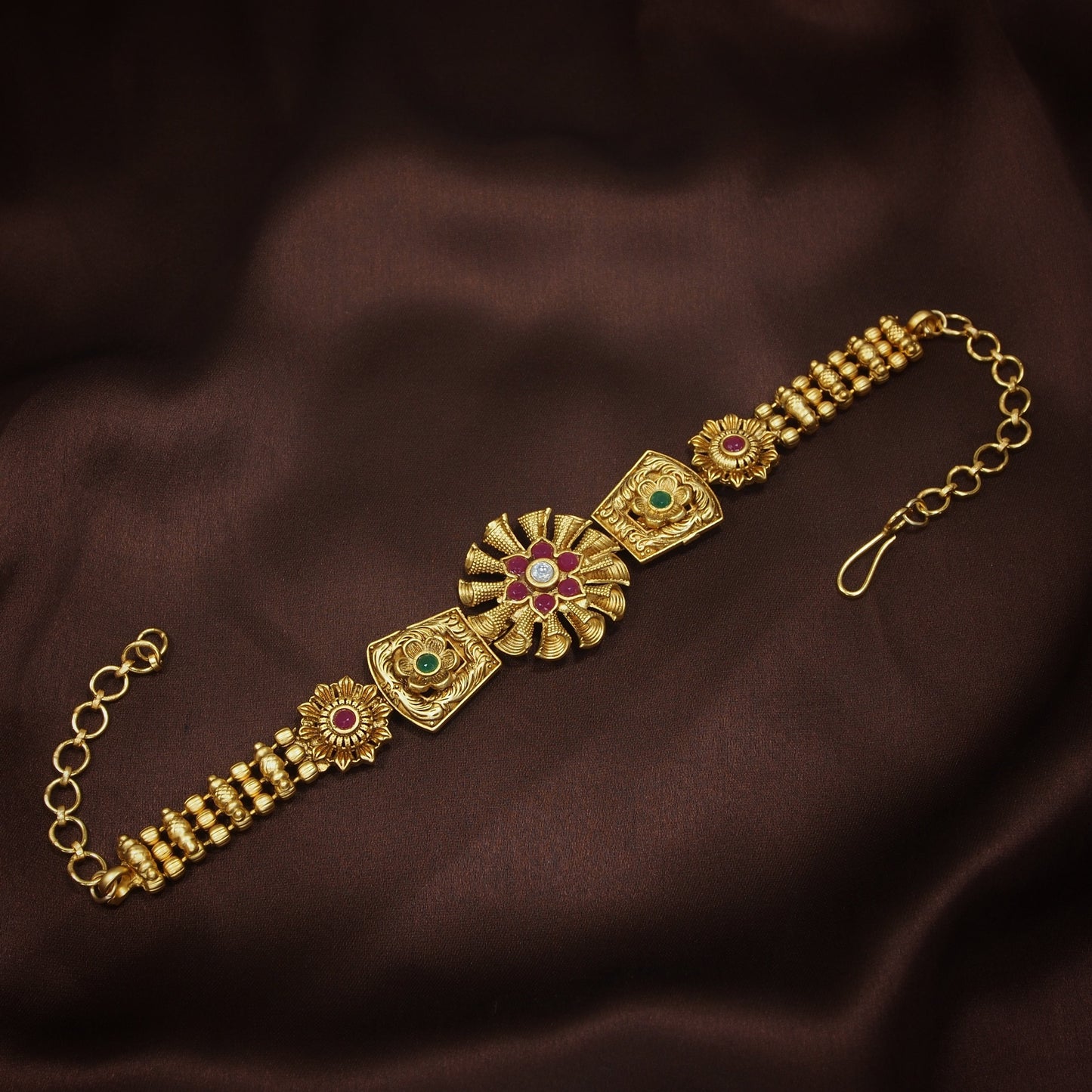 Women's Gold Plated Traditional Brass Ruby Green Stone Bajuband /Vanki/Armlet Rajwadi Jewellery