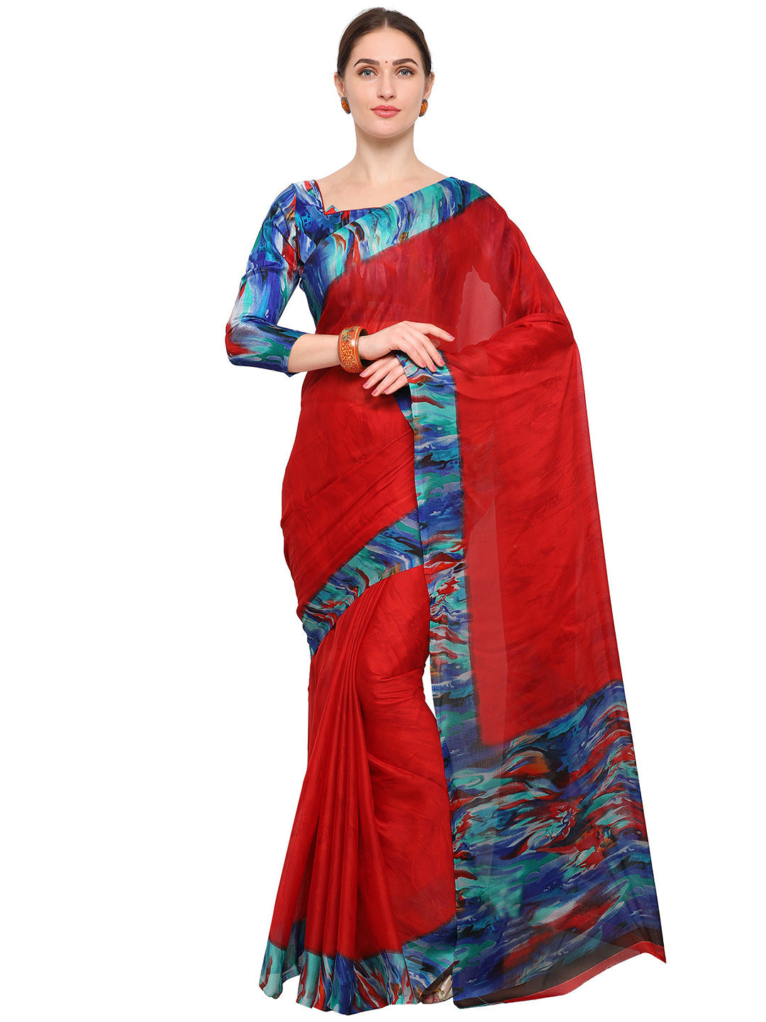 Women's Red Chiffon Printed Saree