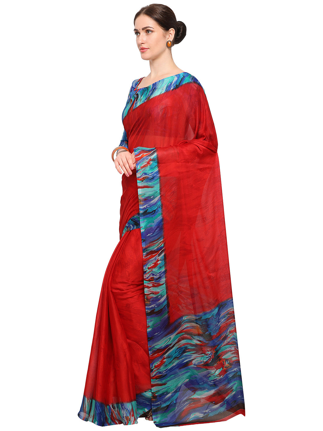 Women's Red Chiffon Printed Saree