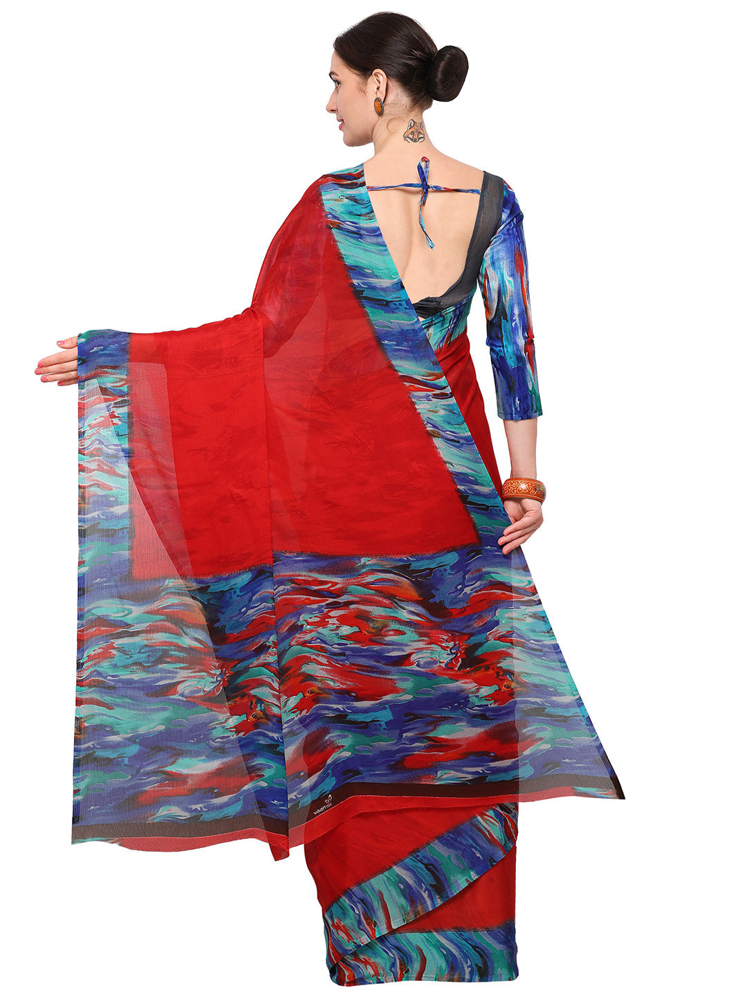 Women's Red Chiffon Printed Saree