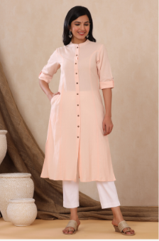 Women's Peach Cotton Flex Solid A-Line Kurta