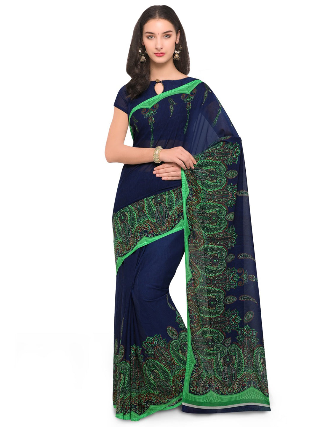 Women's Blue Cotton Blend Printed Saree