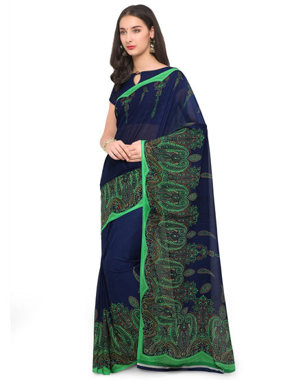 Women's Blue Cotton Blend Printed Saree