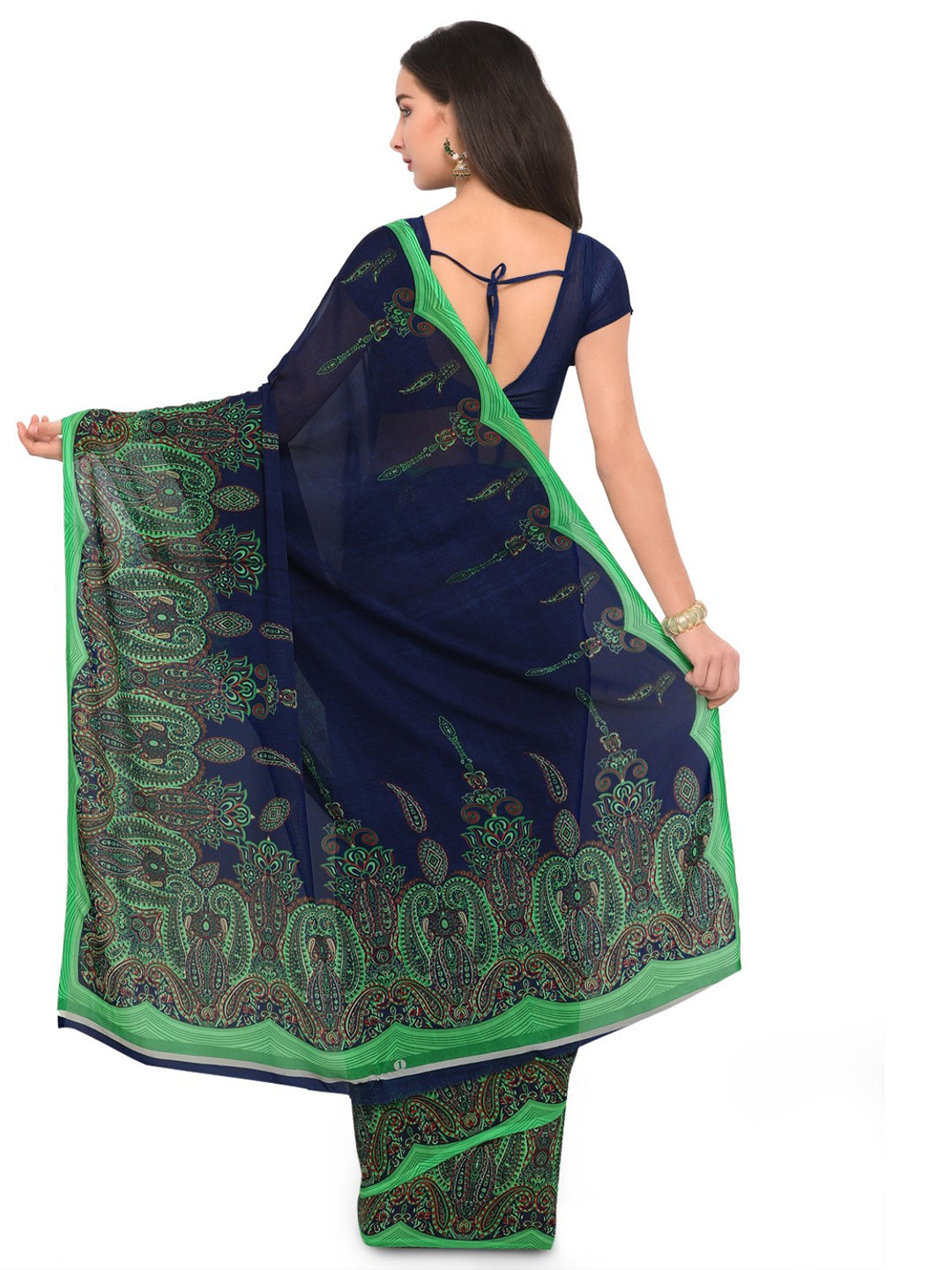 Women's Blue Cotton Blend Printed Saree