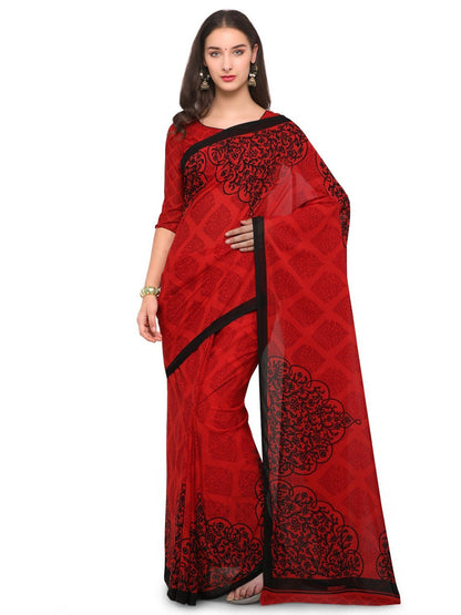 Women's Red Cotton Blend Printed Saree