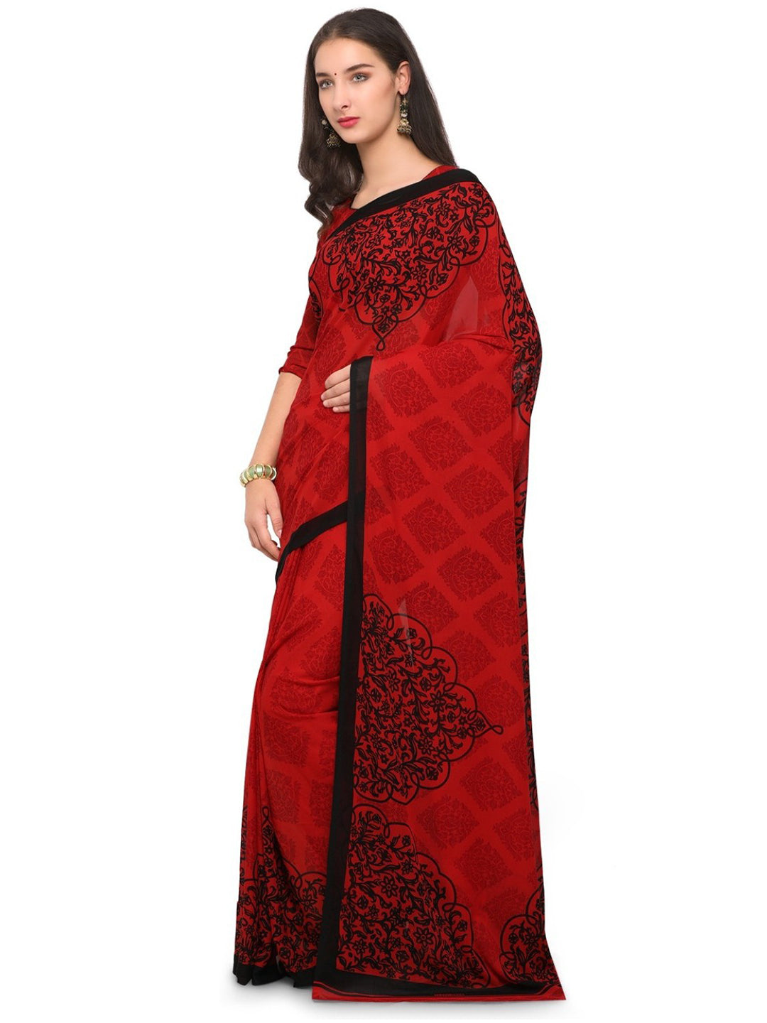 Women's Red Cotton Blend Printed Saree