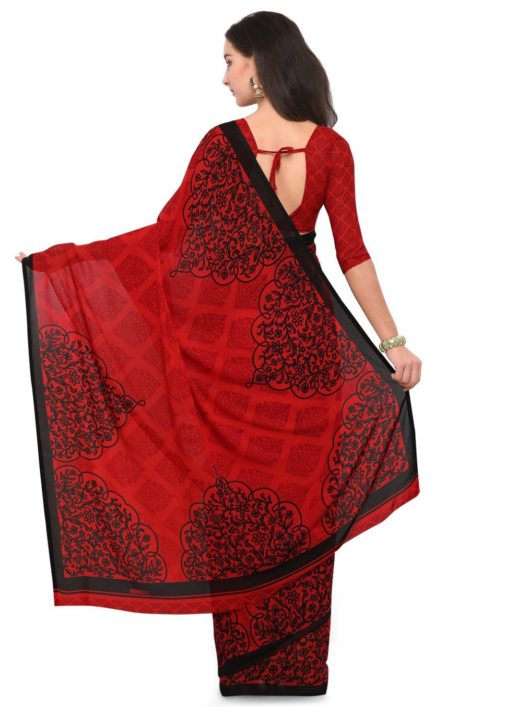 Women's Red Cotton Blend Printed Saree
