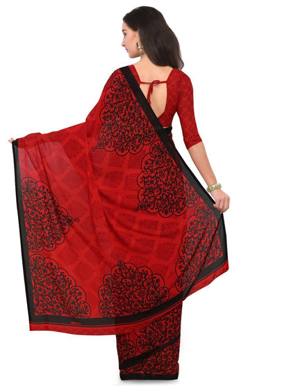 Women's Red Cotton Blend Printed Saree